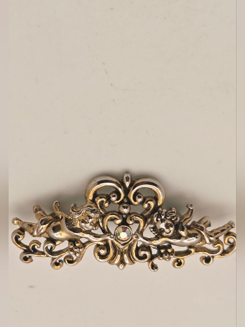 Vintage Filigree Bar Brooch Cherubs Putti Angel Aurora Borealis Rhinestone Pin